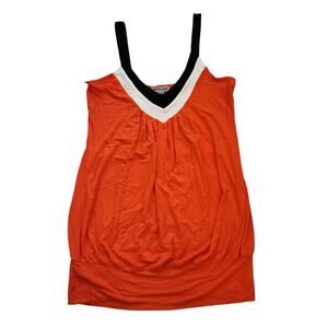 American Dream Womens Pullover Tank Top Size L Orange Black V-Neck Pleated